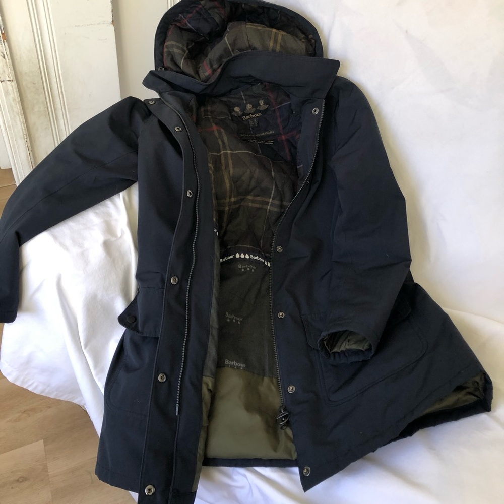 Barbour Navy Hooded Parka with Tartan Lining